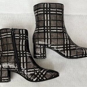 Plaid Sequin Ankle Boots - Black and Silver